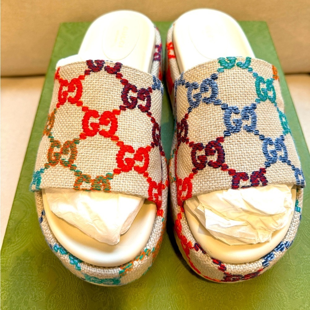 Gucci Angelina GG Logo Multicolor Platform Slides Sandals
